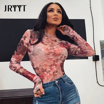 

JRYYT Long Sleeve Skinny Sexy Bodysuit Women Floral Printed Mesh Tops Women Summer Transparent Bodysuits Femme Body Mujer 2020