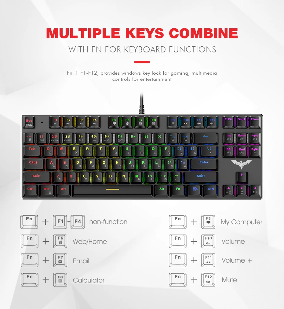 HAVIT Gaming Mechanical Keyboard 87/104 keys USB Wired keyboard Blue/Red Switch Backlit Keyboard US/Russian Version