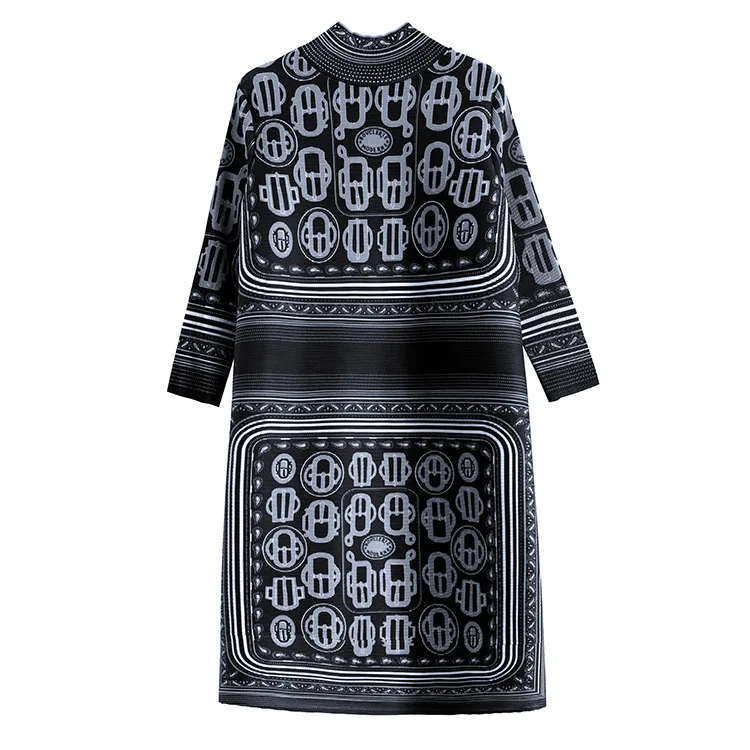 High collar printed dress female spring and autumn MIYAKE pleated seven-point sleeve loose pleats dresses free shipping - Color: Black