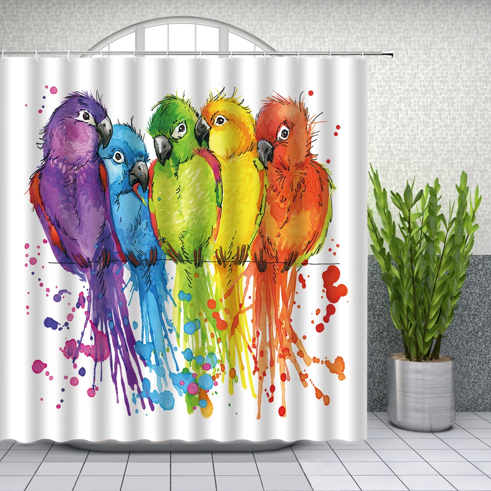 

Watercolor Parrot Shower Curtains Natural Scenery Beaytiful Bird Bathroom Decor Waterproof Mildew Proof Cloth Curtain Set Cheap