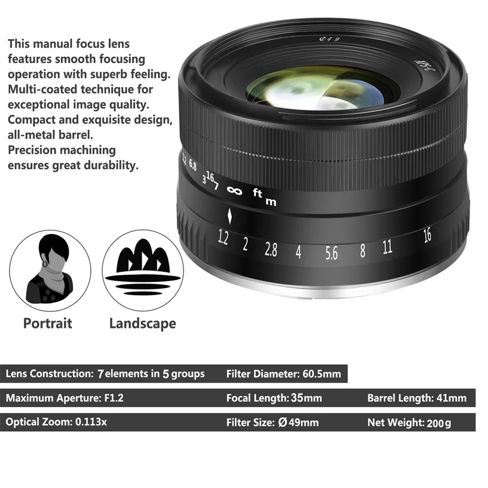 

35mm F1.2 Manual Focus Lens Metal Casing Durable Lighweight Lens for Fuji X LHB99