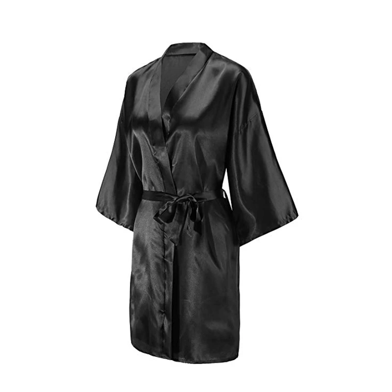 

Wedding kimono Short Black Satin Bride Robe Silk Nightgown for Women