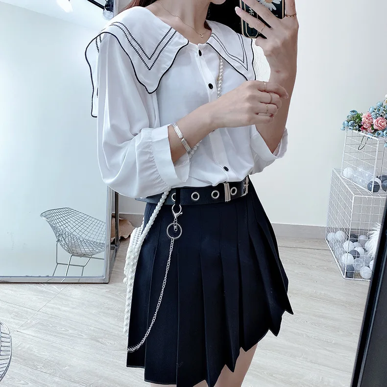 brown skirt High Waist Solid Pleated Skirts Woman Harajuku Belt Chic A-Line Skirt Woman's Retro Simple Black Mini Skirt Women Summer 2021 silk skirt