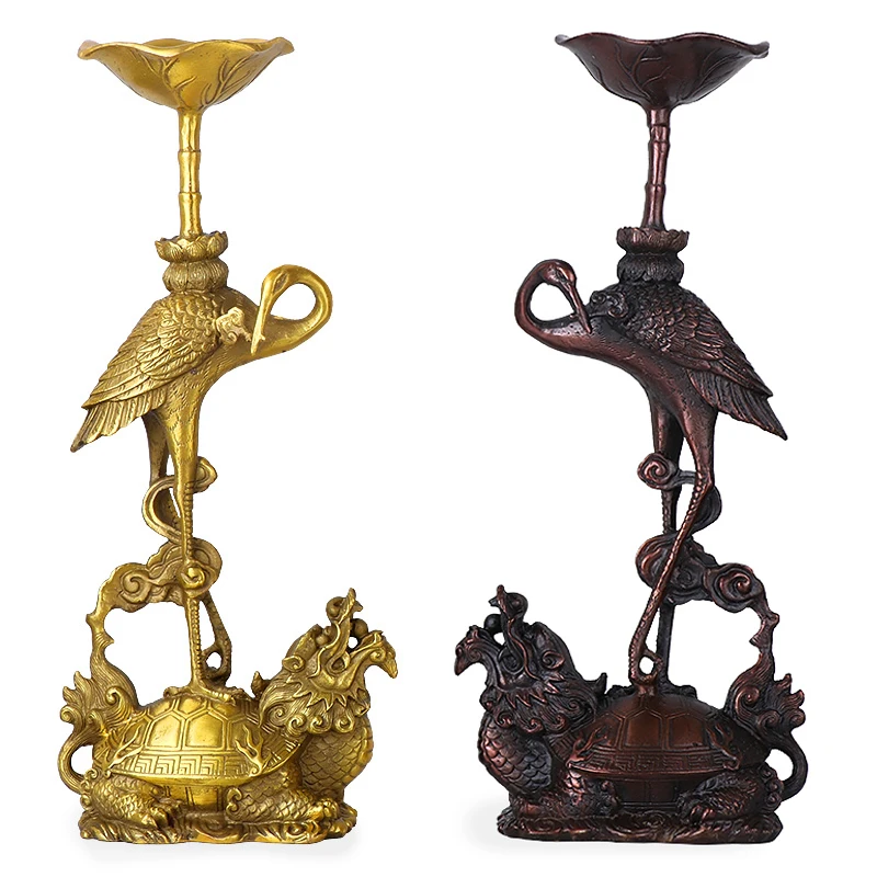 Antique china brass hand made dragon turtle Red-crowned crane lotus Candlestick