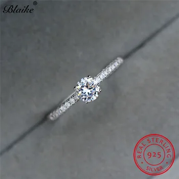

Solid s925 Sterling Silver Ring Wedding Bands Small Round White Diamond Sapphire Stone Engagement Thin Ring Zircon Bride Jewelry