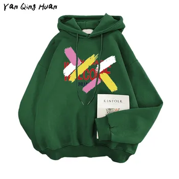 

Autumn And Winter Women's Plus Velvet Sweatshirt Geometric Letter Printing Harajuku Bf Wind Long Sleeves Clothes Coat Hoodies