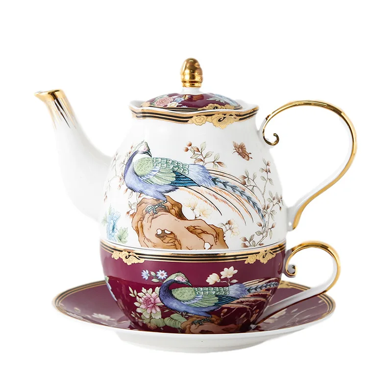 British light luxury ceramic teapot afternoon scented tea pot with flower and bird single pot cup and saucer gift box set