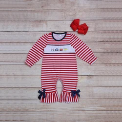 Vêtements d'été pour filles, barboteuse rayée à manches longues, bleu marine, nœud rouge, camion de pompiers et hélicoptère, broderie, pour bébés en bas âge 