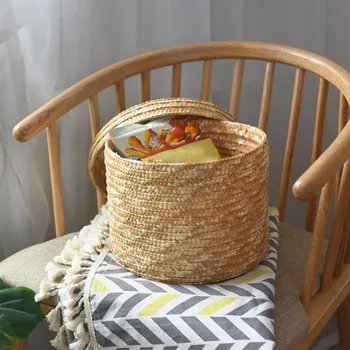 

Handmade Straw Woven Storage Basket With Lid Desktop Snack Organizer Sundries Storage Box Laundry Baskets Rattan Flower Basket *