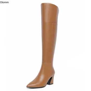 

Olomm Women High Quality Leather Knee High Boots Square Heel Boots Pointed Toe Brown Black Party Shoes Women Plus US Size 4-10.5
