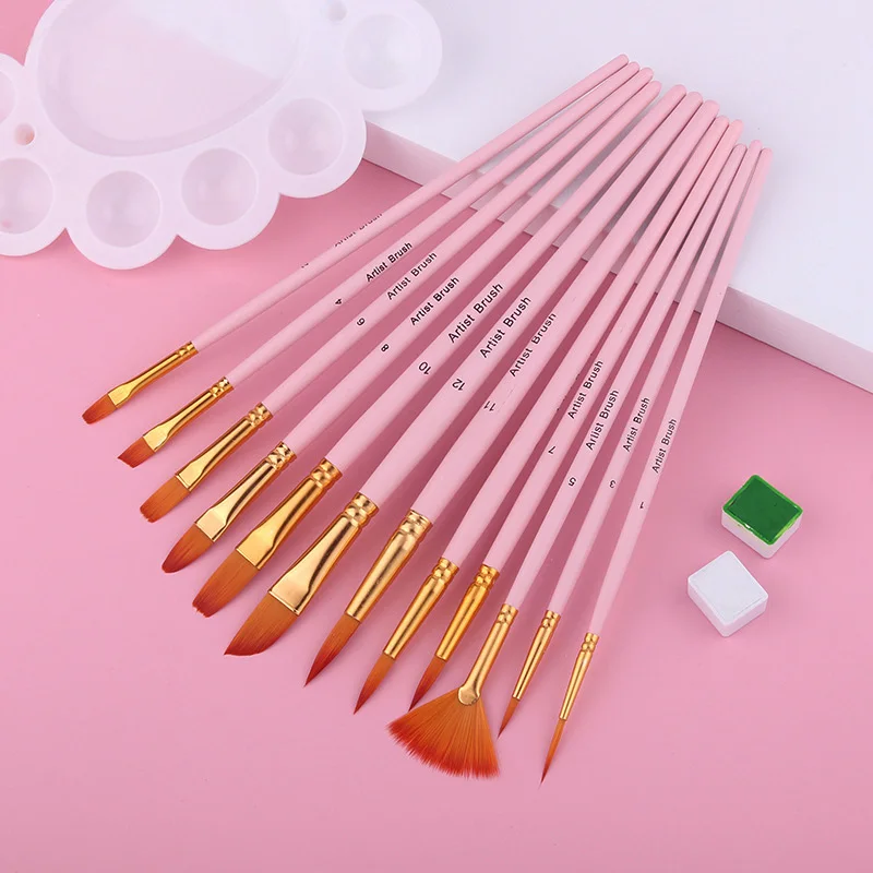 Nylonhair-Juego de pinceles de pintura acrílica, pincel profesional de acuarela para dibujar, suministros para arte de papelería, 12 Uds.