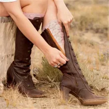 Западные сапоги ковбойские сапоги женские сапоги до колена модные ботинки на молнии сбоку ботинки на высоком каблуке в стиле ретро botas ni a cuero#926G20