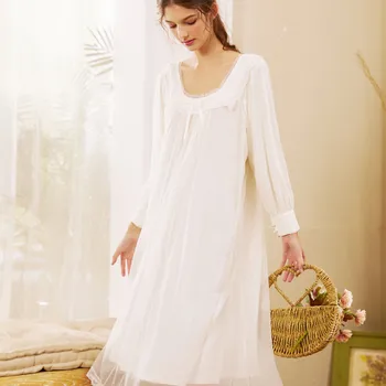 

sm- woman nightgwons long skirt palace style long sleeve lace mesh sweet nightgown double - layer