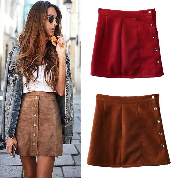 

Fashion Women High Waisted A-Line Pencil Skirt Bodycon Button Suede Leather Short Mini Skirts 2 Colors