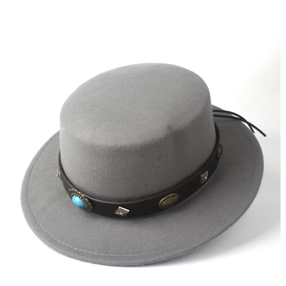 Unisex Women Men Wool Flat Top Hat Birthday Party Hat Wide Brim Hat Fedora Hat Size 56-58CM