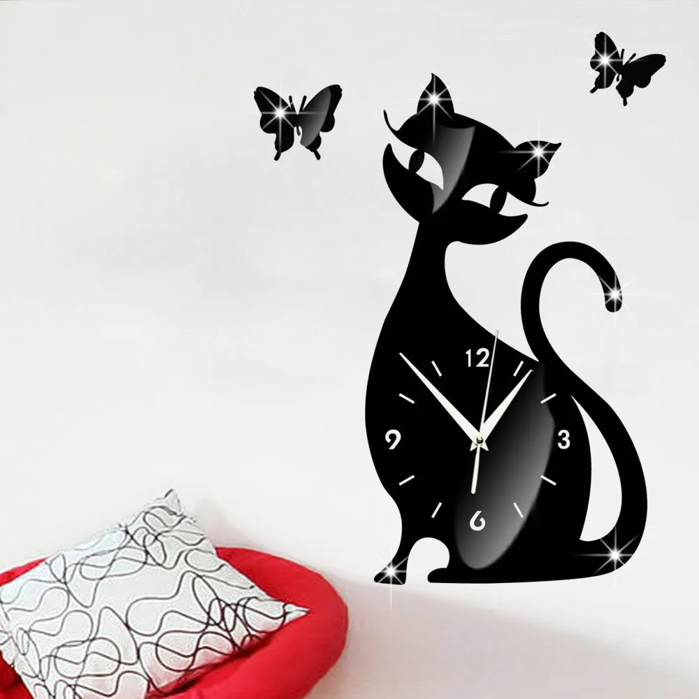 

Butterfly Cute Cat Mirror Black Wall Clock Modern Design Effect Wall Sticker Watch For Wall Decorative Clocks dropshipping