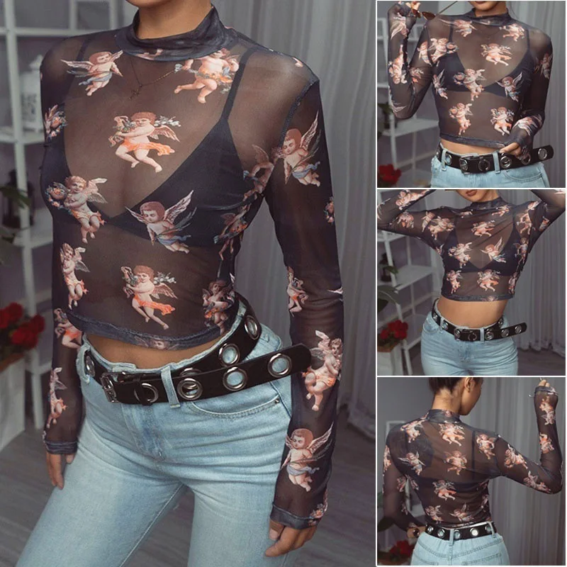 

Sexy Women T Shirt See Through Transparent Mesh Parint Tops Long Sleeve Sheer Slim Ladies Turtleneck T-shirt Women Tshirt