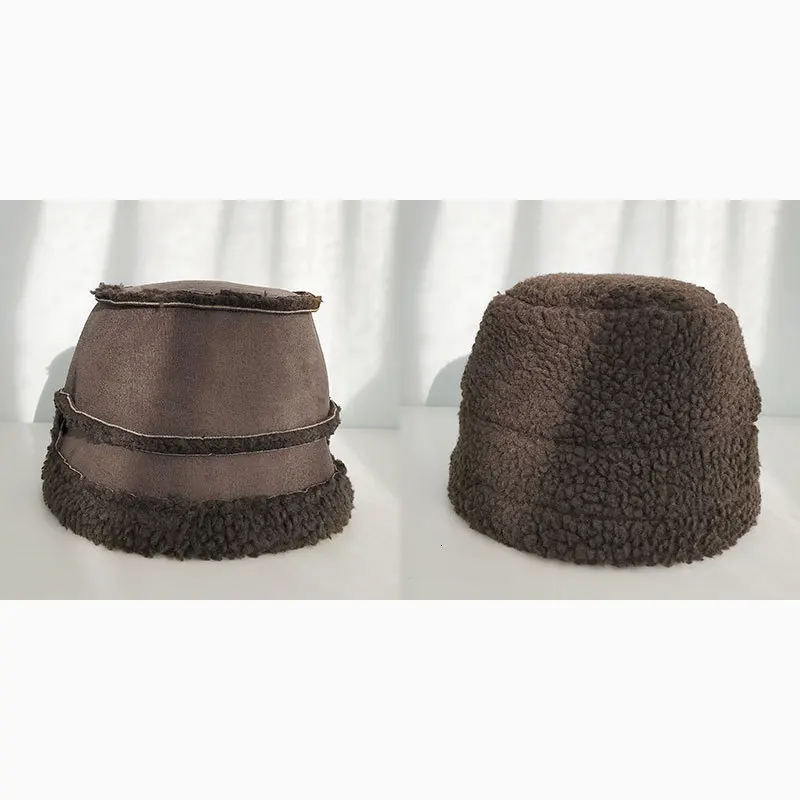 spliced suede coffee Женская шапка-ведро в японском стиле из искусственного кашемира, мягкая теплая Двусторонняя Лоскутная Женская шапка в рыбацком стиле, личная Оригинальная шапка - Цвет: spliced suede coffee