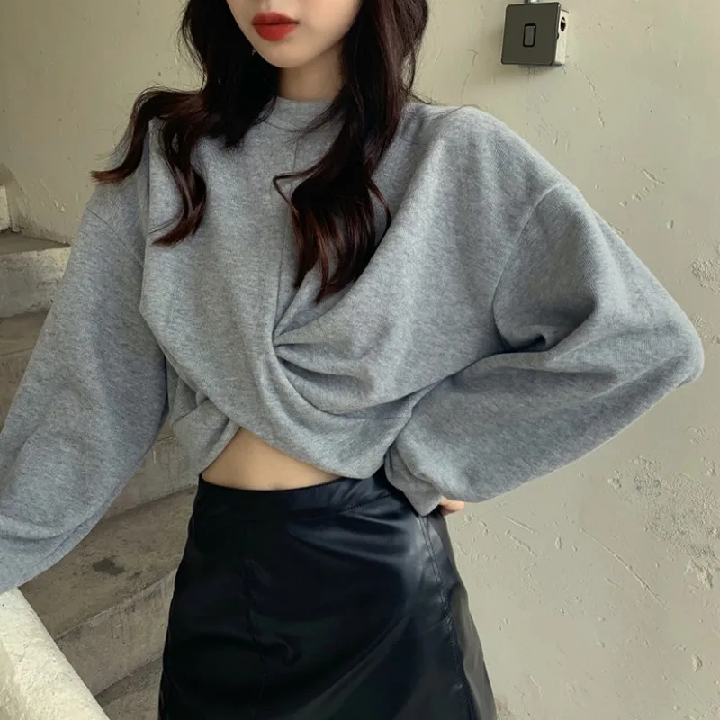 

Casual Korean Oversize Pullover Women's Sweatshirt New Autumn Cross Hem Short Pullover Solid Color Streetwear Sweatshirt Women