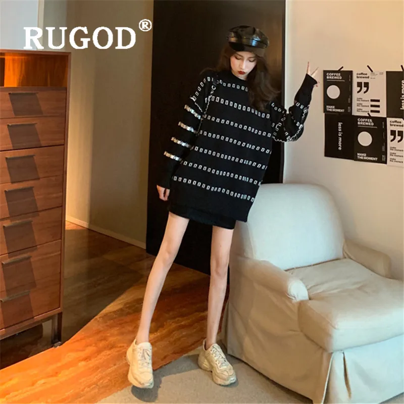 RUGOD, корейский стиль, Шикарный квадратный свитер с круглым вырезом размера плюс, Женский вязаный свитер средней длины, Kpop, модная одежда