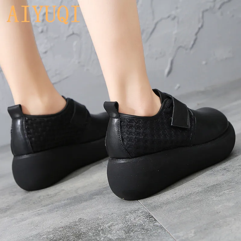 Genuine Leather Women's Shoes 2020 New Spring Fashion Retro Women's Singles Shoes Wedge Heel Platform High heel Shoes Ladies