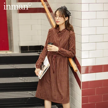 

INMAN 2020 Winter New Arrivals Temperamental Mid Long Sleeve Plaid Bow Retro Women's Dress