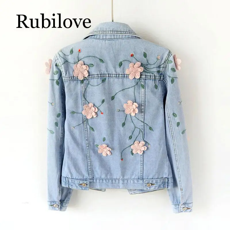 

Rubilove Denim Jacket Coat Women Embroidered Stereoscopic Flower 2019 New Spring Elegant Coats Girls Sweet Outerwear Short Jacke