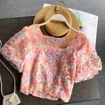 

Sweet Puffy Short Sleeve Short Design Square Collar Top Summer Women Floral Mesh Tee Top