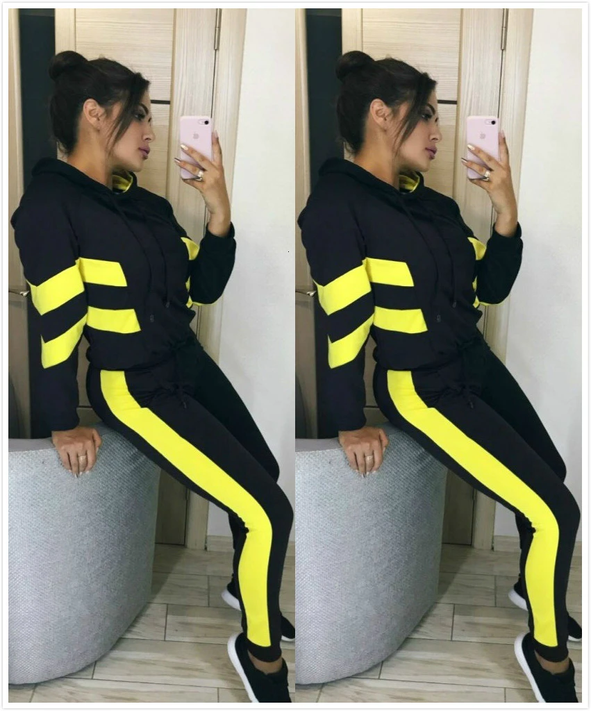 

Long Sleeve Two Piece Set Tracksuit For Women Outfits Matching Co-ord Hooded Top And Pants Suit Yellow Black Patchwork Ladies