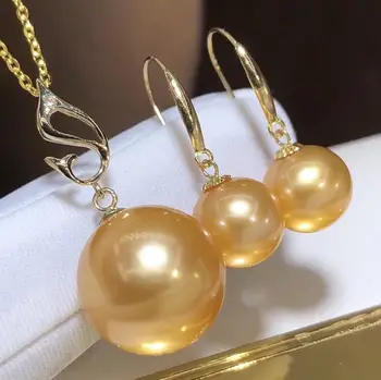 

D401 Pearl Set Fine Jewelry Solid 18K Gold Natural 8-13mm Round Edison Fresh Water Golden Jewelry Sets for Women