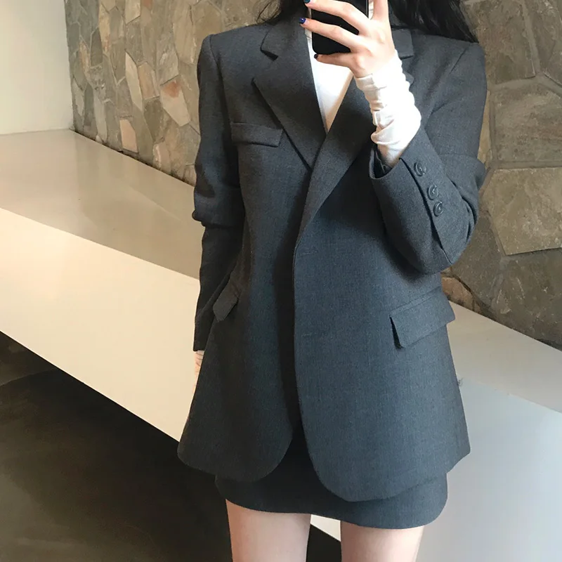 Gray Coat Trytree Осень Зима Женский комплект из двух частей Повседневный отложной воротник однобортный Топ+ юбка мини офисный Женский костюм комплект из 2 предметов - Цвет: Gray Coat