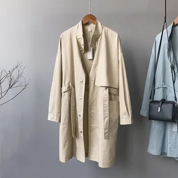 

Fashion Women Korean Harajuku Blue Long Coat Stand Collar Coat Single Breasted Sashes Casual Trench