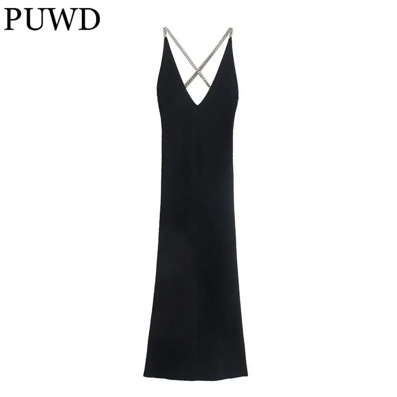 Женское трикотажное платье с открытой спиной V-образным вырезом и цепочкой |