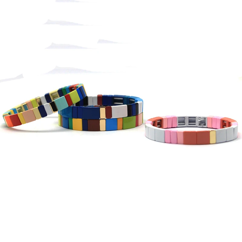 Модные эластичные растягивающиеся браслеты ручной работы, Украшенные бусинами и черепицей, цветные металлические браслеты/браслеты для женщин/мужчин, ювелирные изделия, подарок