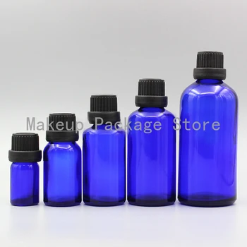 

2/10pcs 5ml 10ml 15ml 20ml 30ml 50ml 100ml Empty DIY Cosmetic Blue Glass Essential Oil Sub Bottles with Black Big Plastic Cover