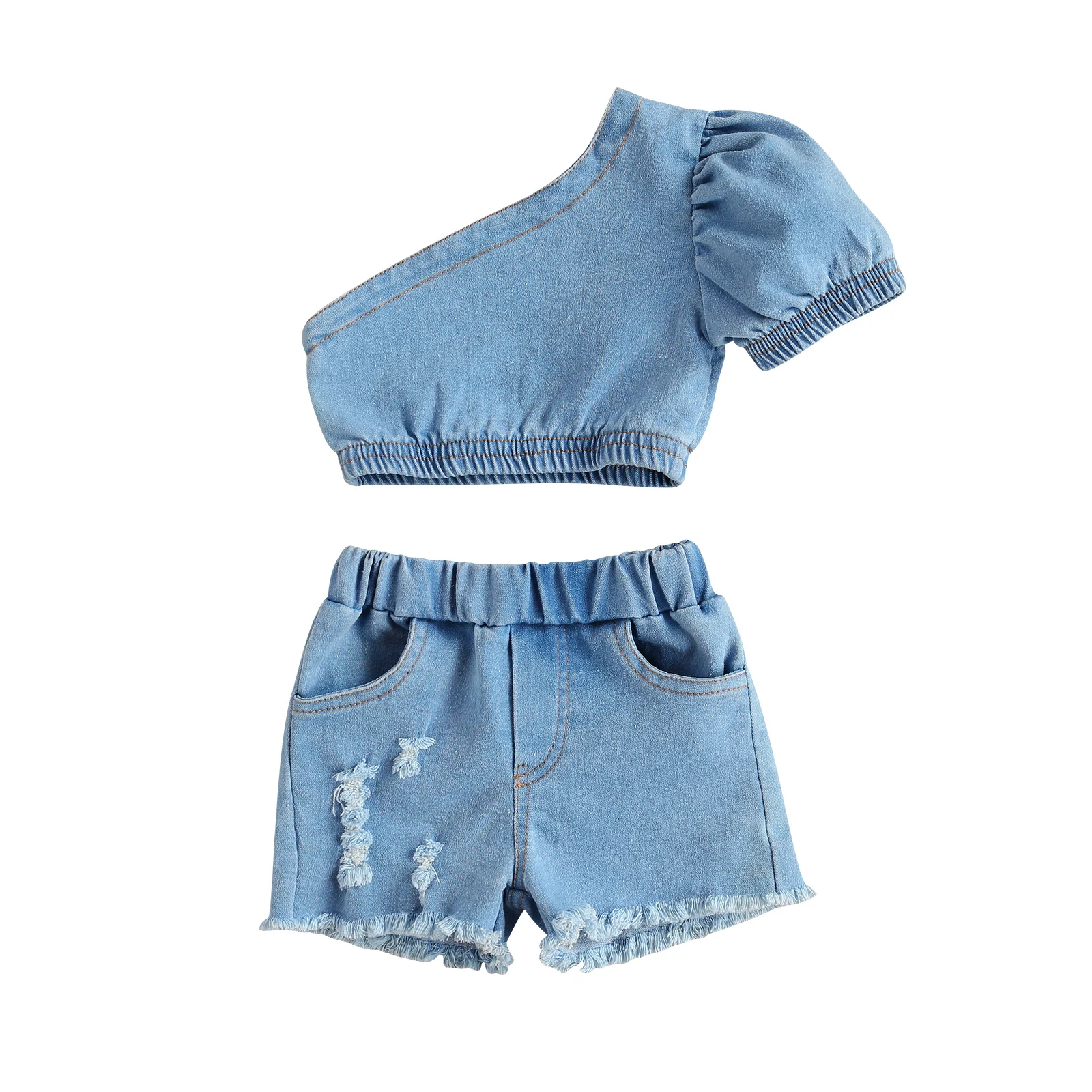 Citgeett Summer Kids Girls Two Piece Set Single Shoulder Crop Tops