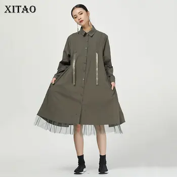 

XITAO Mesh Women Midi Dress Korea Fashion False Two Piece Patchwork 2019 Autumn Single Breasted Pocket Casual Dress WQR1647
