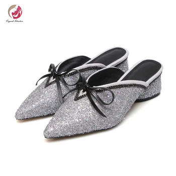 

Original Intention Mid Heels Gorgeous Sequins Pumps Woman Dress Party Pointed Toe Square Heels Shoes Woman Bow Knot Sweet Ladies