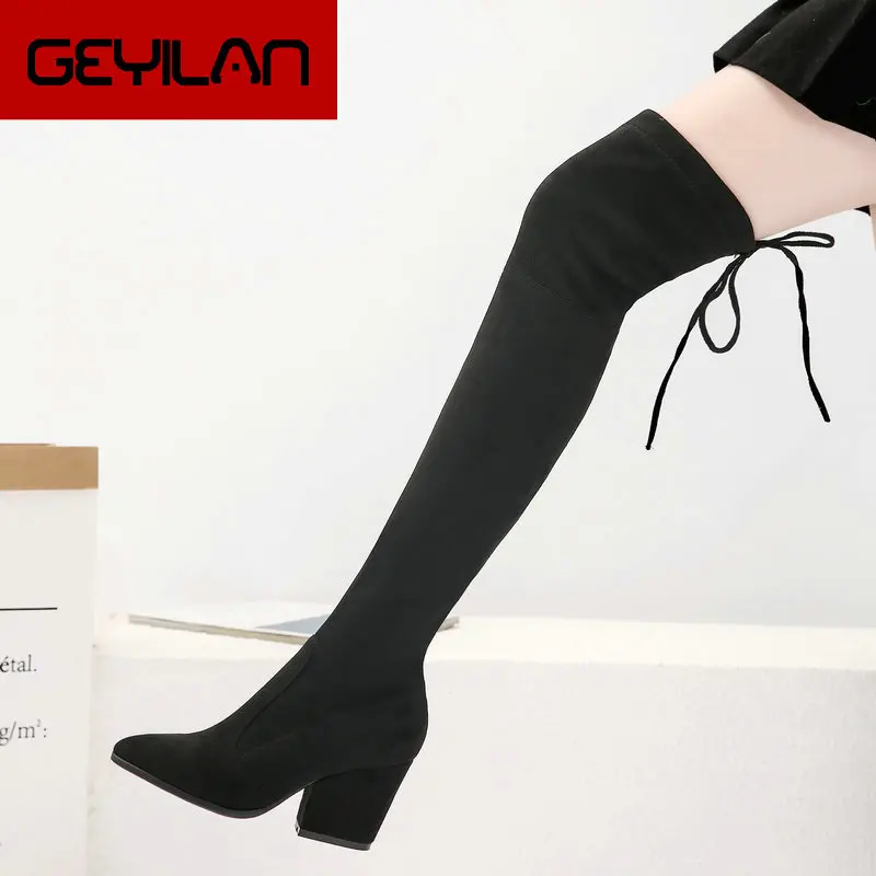 

Women Boots Chunky High Heel Over The Knee Boots Lacing Autumn Winter Fashion Pointed Toe Long Boots Shoes