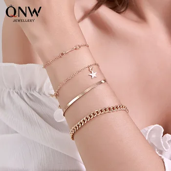 

Occident Fashion Five-pointed Star Set Bracelets Punk Multilayer Metal Chain Bracelets Cool Four-piece Set Hand Jewelry