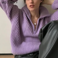 WOTWOY maglione lavorato a maglia ispessimento autunno inverno donna Casual cerniera Polo colletto pullover lavorato a maglia sciolto maglione bianco femminile 2021