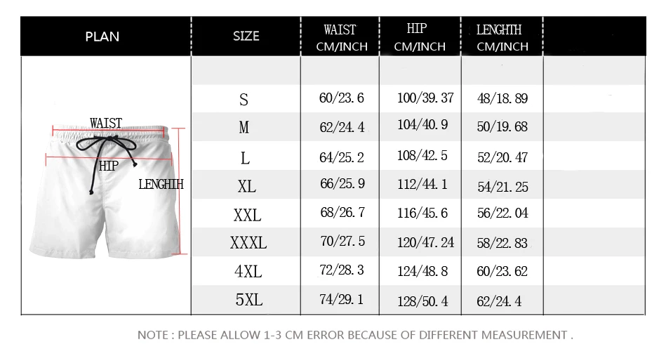 shorts size chart