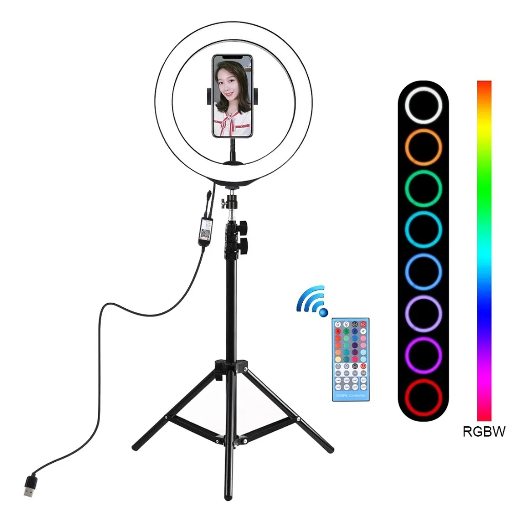 Pink Black Color : Black HUIFANGBU 10.2 inch 26cm USB RGBW Dimmable LED Ring Vlogging Photography Video Lights with Cold Shoe Tripod Ball Head /& Remote Control /& Phone Clamp