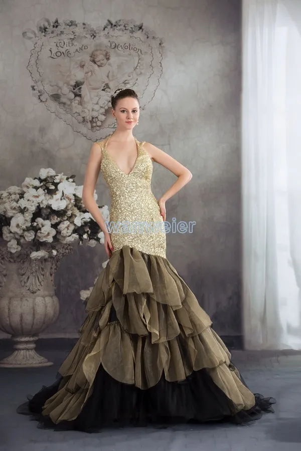 

2018 new handmade special occasion evening gown gold sequined tiered sexy v-neck mermaid Prom mother of the bride Dresses