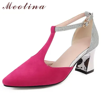 

Meotina T-Strap Women Pumps Leopard High Heels Shoes Pointed Toe Square Heel Footwear Lady Summer Party Shoes Golden Size 46