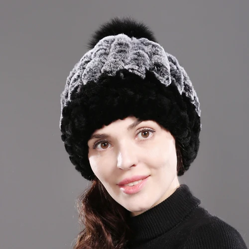 color 1 DIY Good Stretch Natural Rex Rabbit Fur Hat Women Winter Warm Knitted Real Rex Rabbit Fur Caps Big Fox Fur Pompoms Beanies Cap - Цвет: color 1