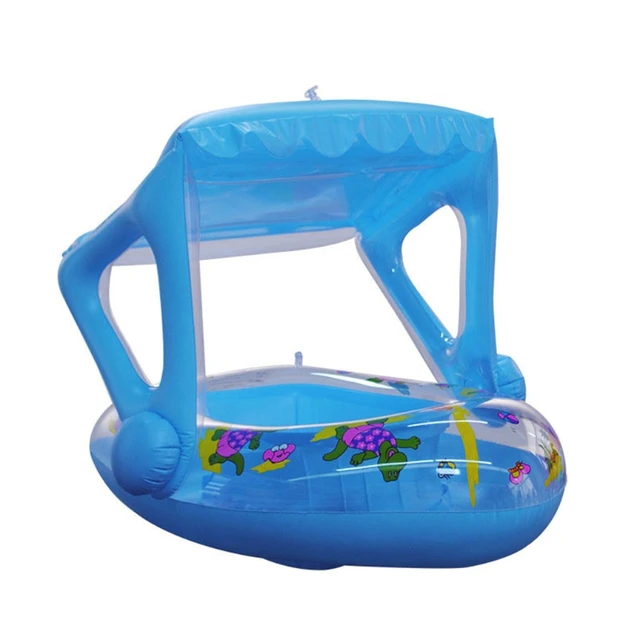 H055 Inflatable Baby Swimming Pool Float Water Beach Swim Ring Seat with Sun Canopy Children's Day Gift 3-6 Years Old Blue 1