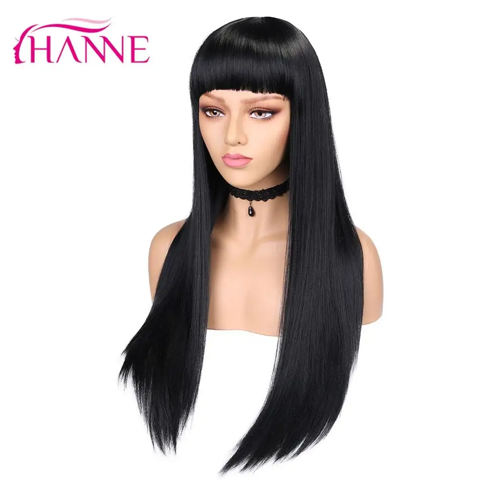 HANNE длинные прямые синтетические парики с челкой 24 дюйма черные волосы жаропрочные Косплей или вечерние парики для черных или белых женщин