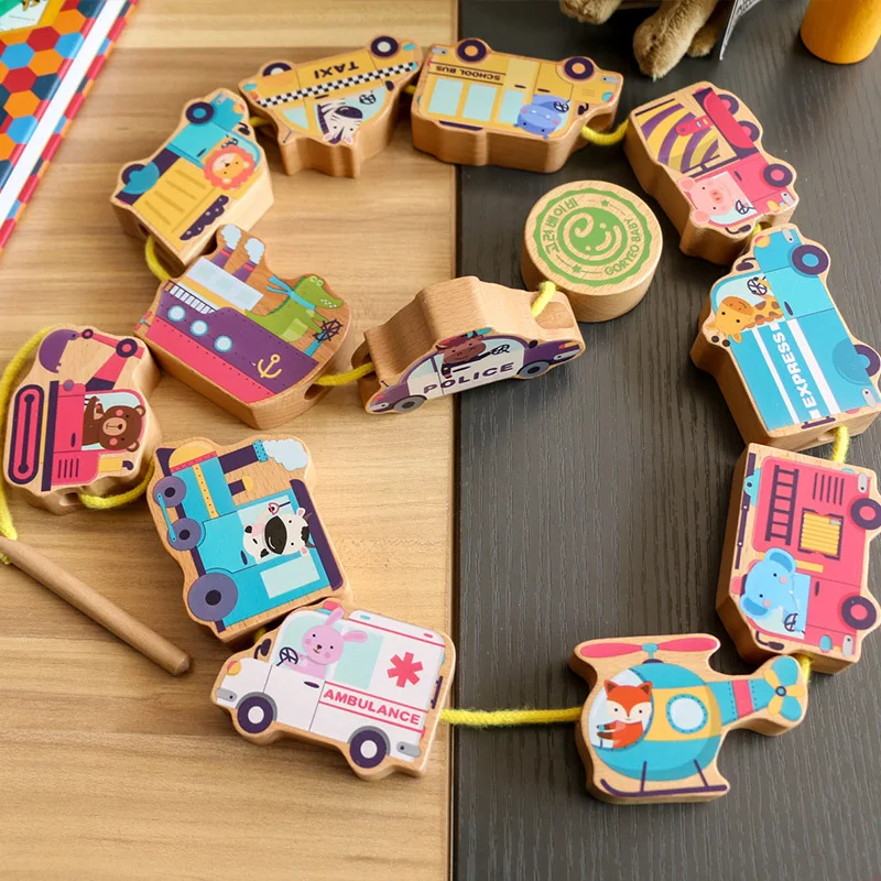 Children's wooden traffic animal three-dimensional puzzle jigsaw rope stringing cognitive children's toy car stringing game