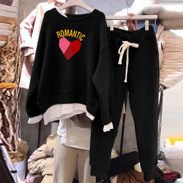 autumn and winter new fake two loose pullover shirt cover thin black sports and leisure suit large size women's clothing - Color: 1905